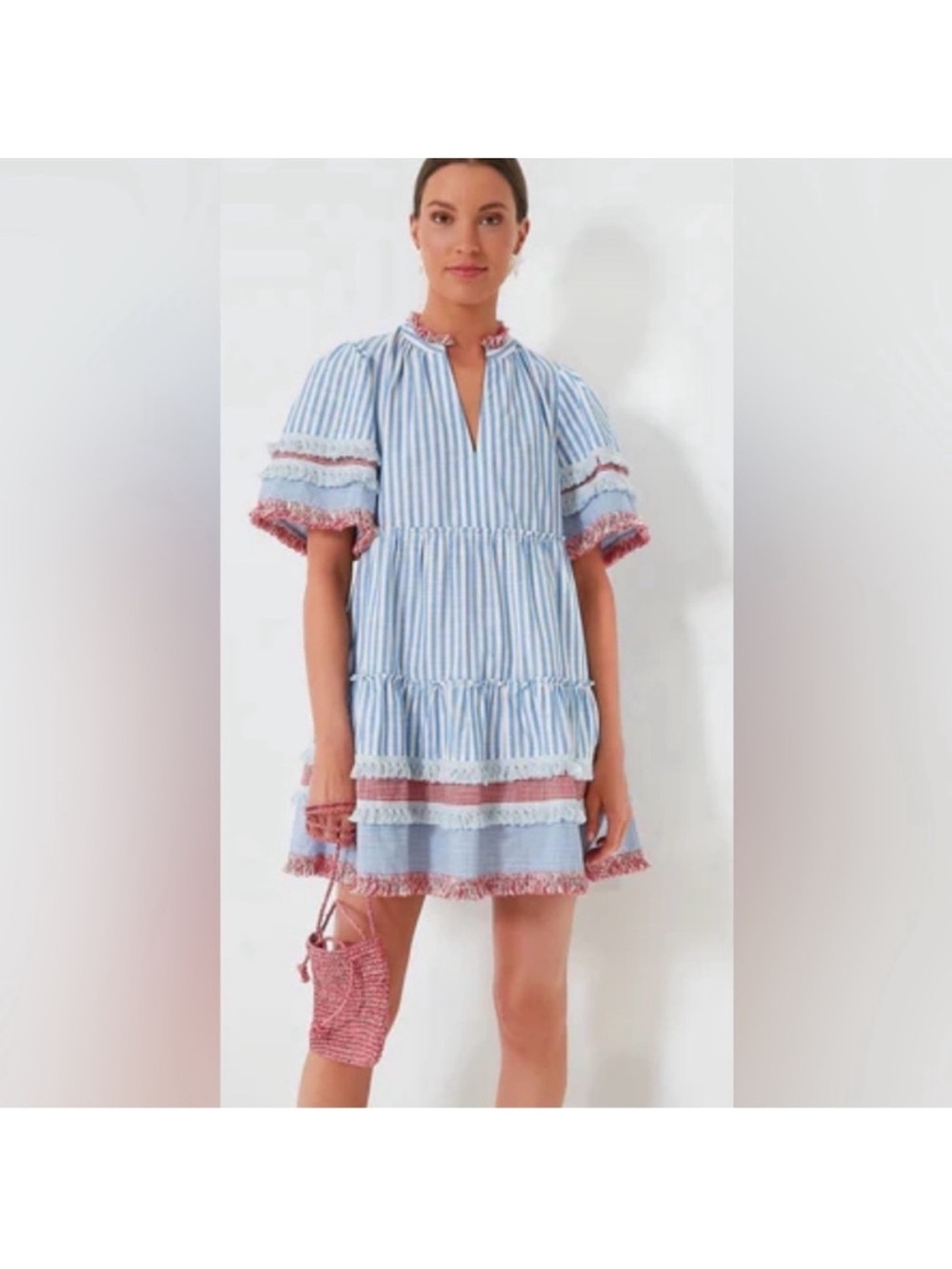 Tuckernuck Savannah Stripe Crawford Dress Blue and White Stripe w/ Red Sz. M